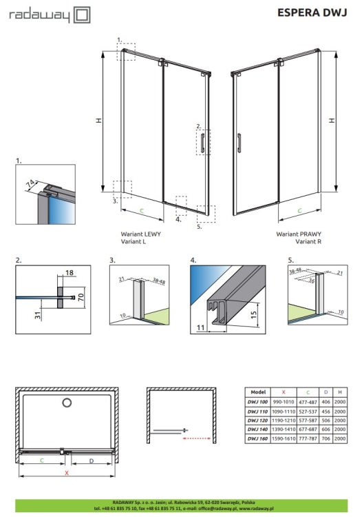 душевые двери Radaway Espera 79,5х200 левые, прозрачное стекло, хром (380795-01L)